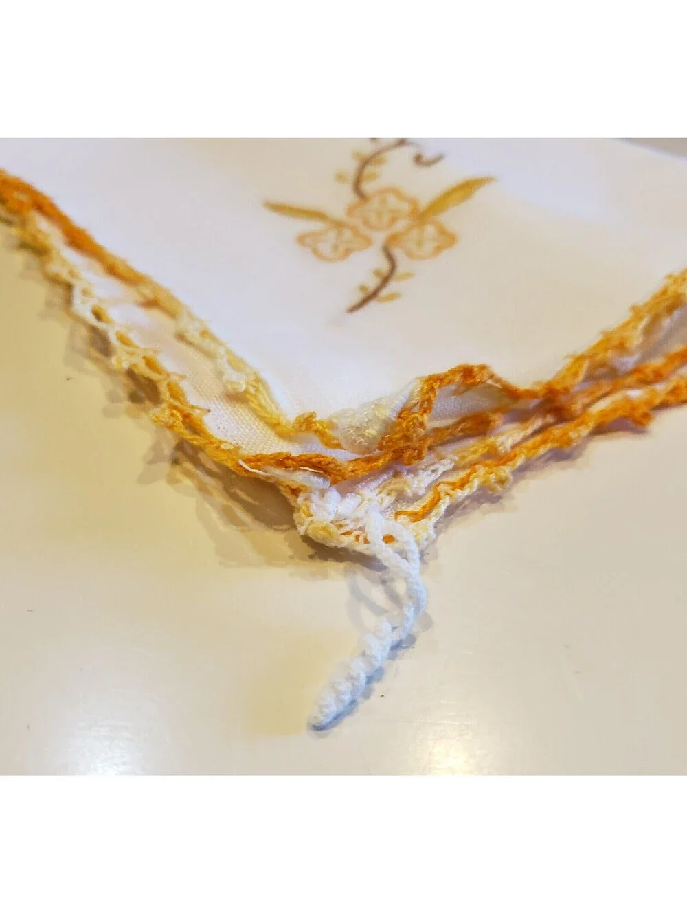 Vintage Linen Napkins Crocheted Embroidered QTY 8 Orange Trim Floral